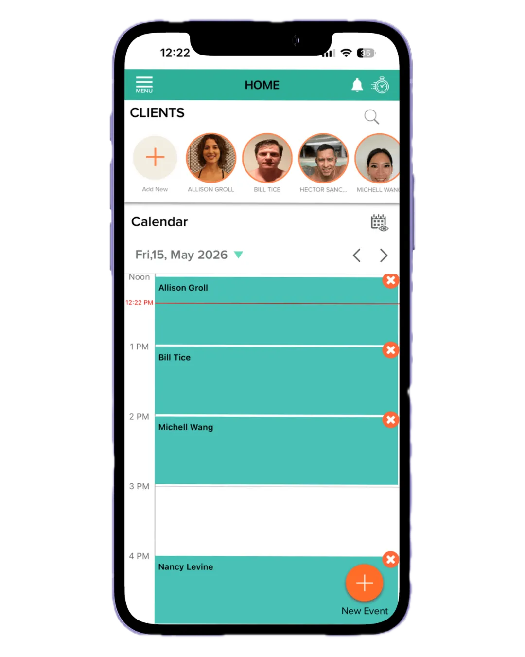 The Training Notebook home screen on iPhone — client roster and daily calendar